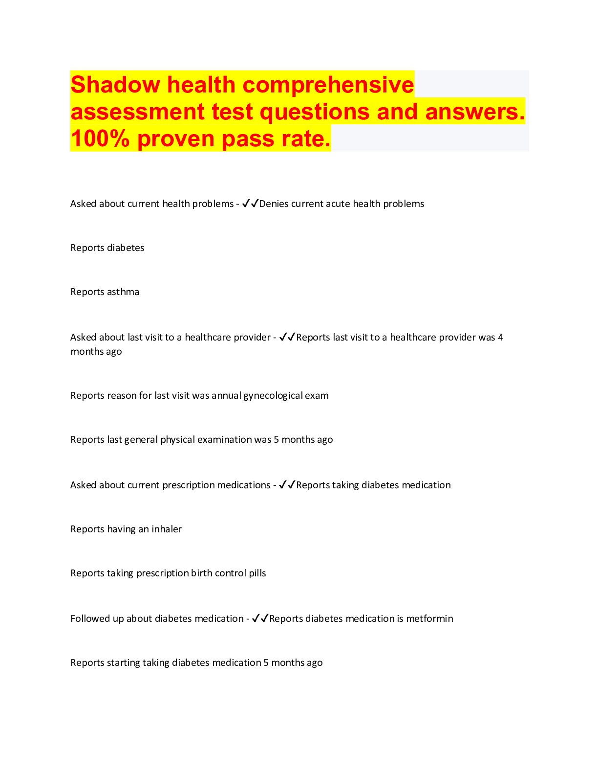 Preview image for Shadow health comprehensive assessment test questions and answers. 100% proven pass rate.